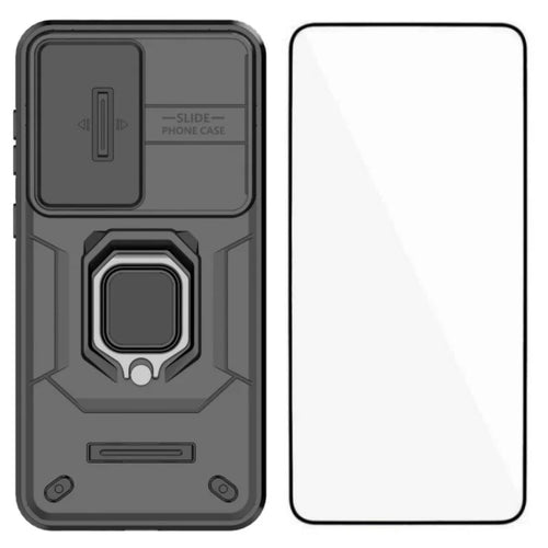 WANLONFENG For Samsung Galaxy A56 5G Case  ZDX Series PC TPU Kickstand Phone Back Case with Lens Cover + Tempered Glass - Black - 1