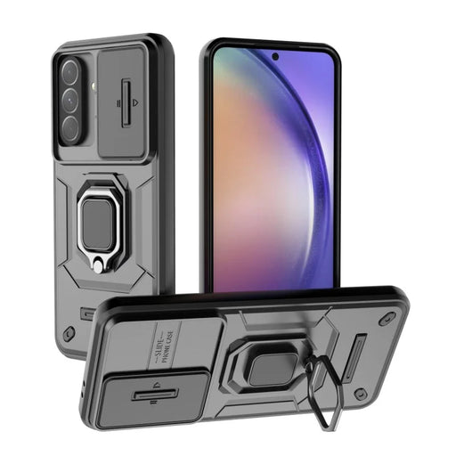 WANLONFENG For Samsung Galaxy A56 5G Case  ZDX Series PC TPU Kickstand Phone Back Case with Lens Cover + Tempered Glass - Black - 2
