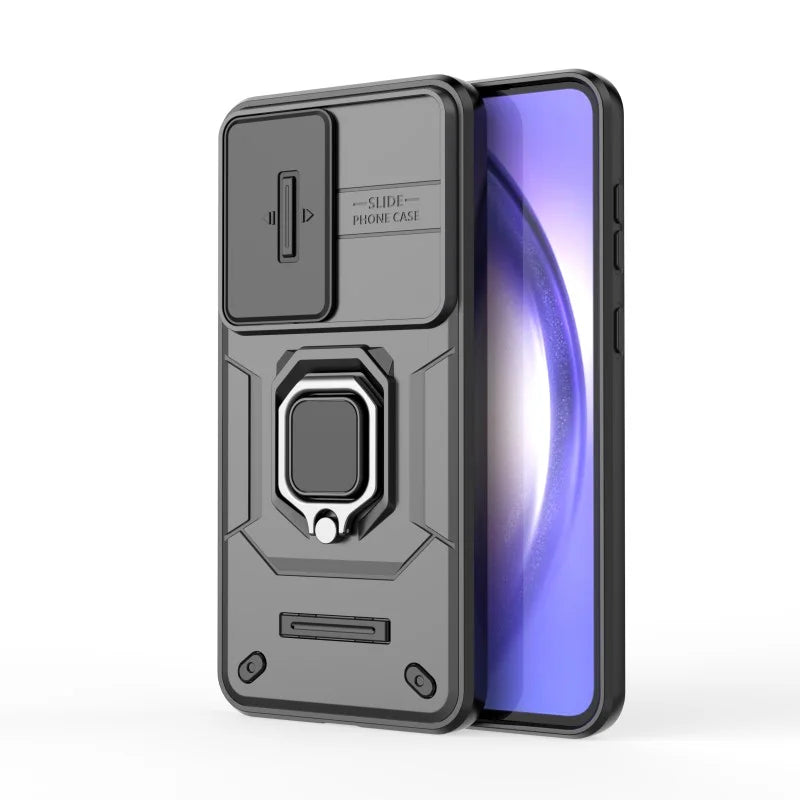 WANLONFENG For Samsung Galaxy A56 5G Case  ZDX Series PC TPU Kickstand Phone Back Case with Lens Cover + Tempered Glass - Black - 3