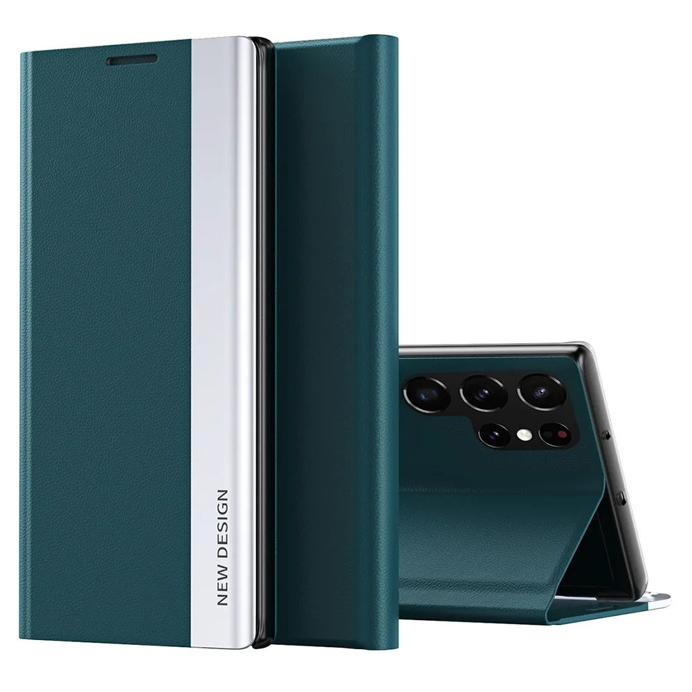 For Samsung Galaxy S23 Ultra Electroplating PU Leather Phone Stand Cover Auto Adsorption Anti-drop Case - Green - 1