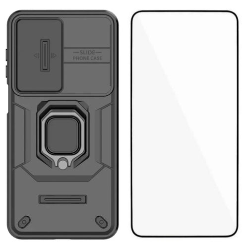 WANLONFENG For Samsung Galaxy A17 4G / Galaxy A17 5G Case  ZDX Series PC TPU Kickstand Phone Back Case with Lens Cover + Tempered Glass - Black - 1