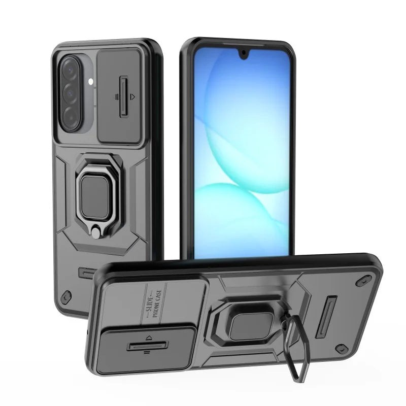 WANLONFENG For Samsung Galaxy A17 4G / Galaxy A17 5G Case  ZDX Series PC TPU Kickstand Phone Back Case with Lens Cover + Tempered Glass - Black - 2