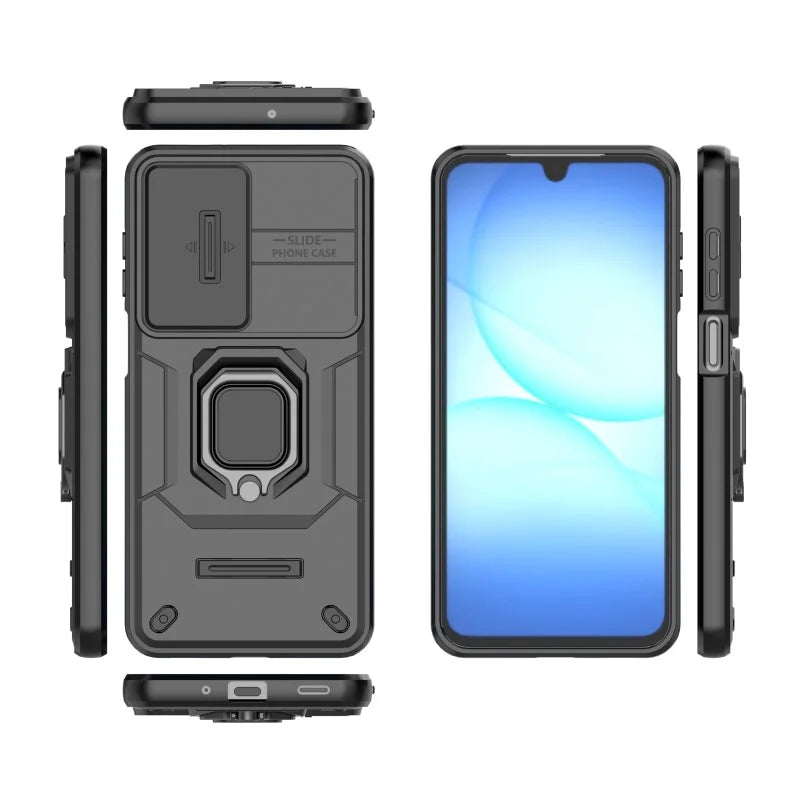 WANLONFENG For Samsung Galaxy A17 4G / Galaxy A17 5G Case  ZDX Series PC TPU Kickstand Phone Back Case with Lens Cover + Tempered Glass - Black - 4