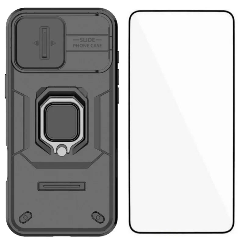 WANLONFENG For iPhone 16 Pro Case  ZDX Series PC TPU Kickstand Phone Back Case with Lens Cover + Tempered Glass - Black - 1