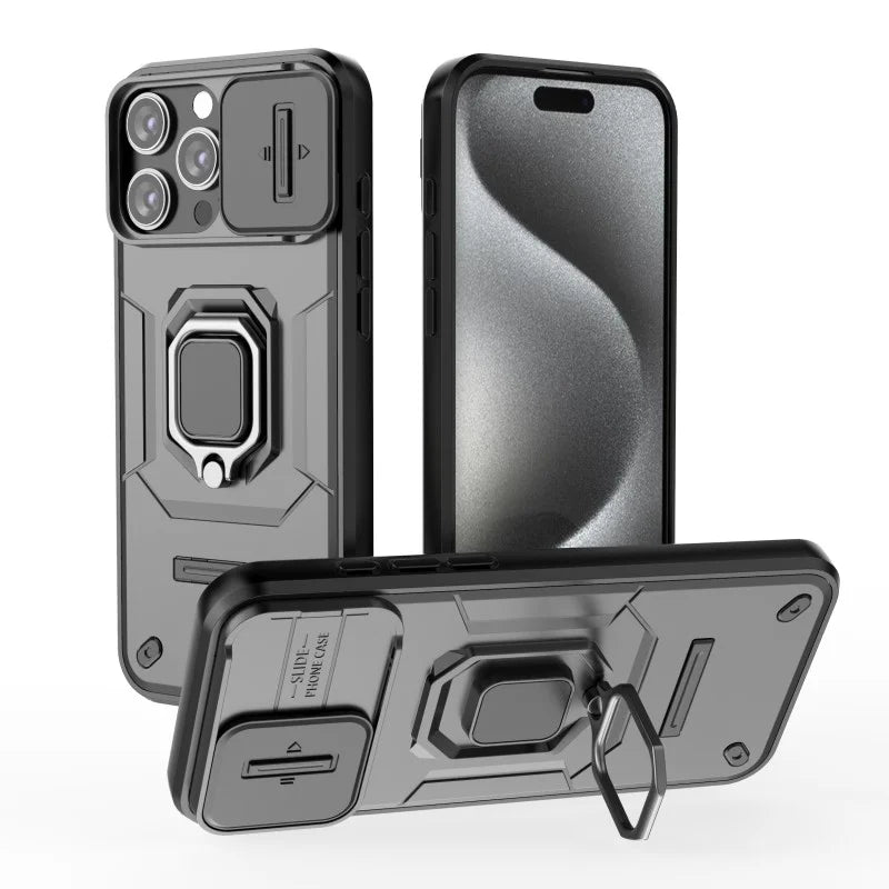 WANLONFENG For iPhone 16 Pro Max Case  ZDX Series PC TPU Kickstand Phone Back Case with Lens Cover + Tempered Glass - Black - 2