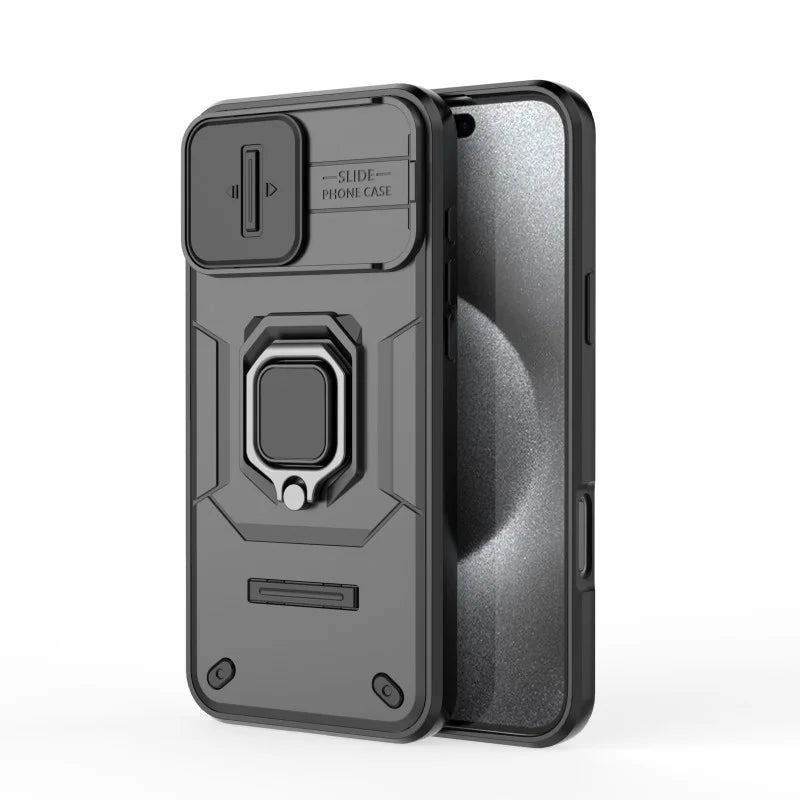 WANLONFENG For iPhone 16 Pro Max Case  ZDX Series PC TPU Kickstand Phone Back Case with Lens Cover + Tempered Glass - Black - 3