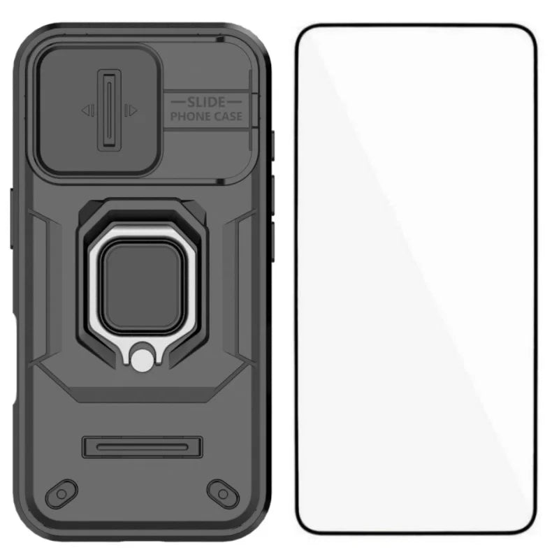 WANLONFENG For iPhone 16 Case  ZDX Series PC TPU Kickstand Phone Back Case with Lens Cover + Tempered Glass - Black - 1