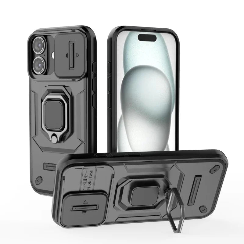 WANLONFENG For iPhone 16 Case  ZDX Series PC TPU Kickstand Phone Back Case with Lens Cover + Tempered Glass - Black - 2