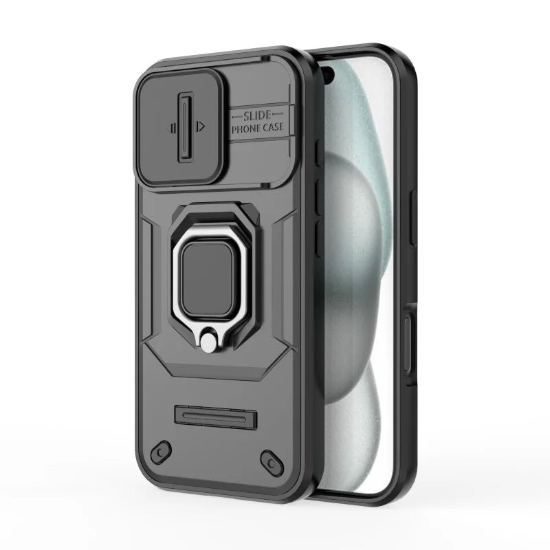 WANLONFENG For iPhone 16 Case  ZDX Series PC TPU Kickstand Phone Back Case with Lens Cover + Tempered Glass - Black - 3
