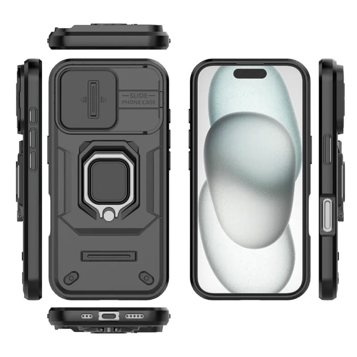 WANLONFENG For iPhone 16 Case  ZDX Series PC TPU Kickstand Phone Back Case with Lens Cover + Tempered Glass - Black - 4