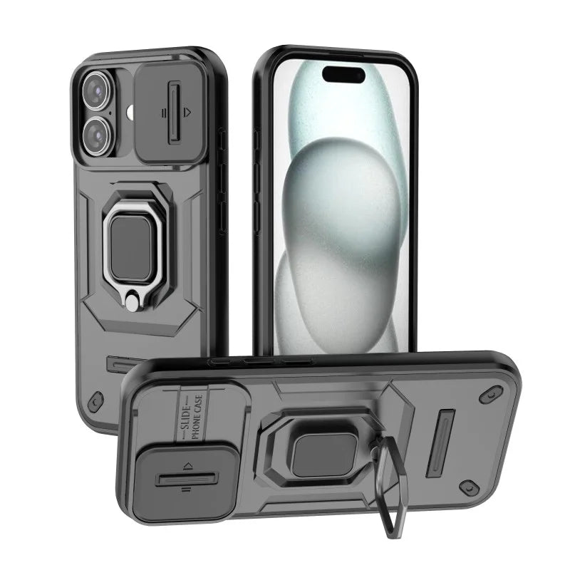 WANLONFENG For iPhone 17 Case  ZDX Series PC TPU Kickstand Phone Back Case with Lens Cover + Tempered Glass - Black - 2
