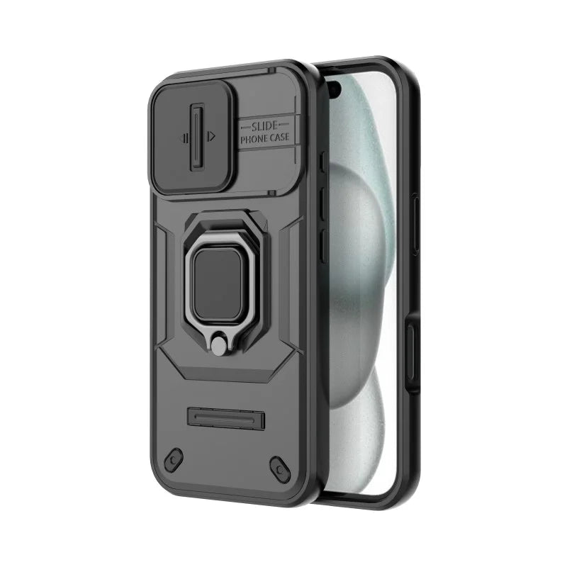 WANLONFENG For iPhone 17 Case  ZDX Series PC TPU Kickstand Phone Back Case with Lens Cover + Tempered Glass - Black - 3