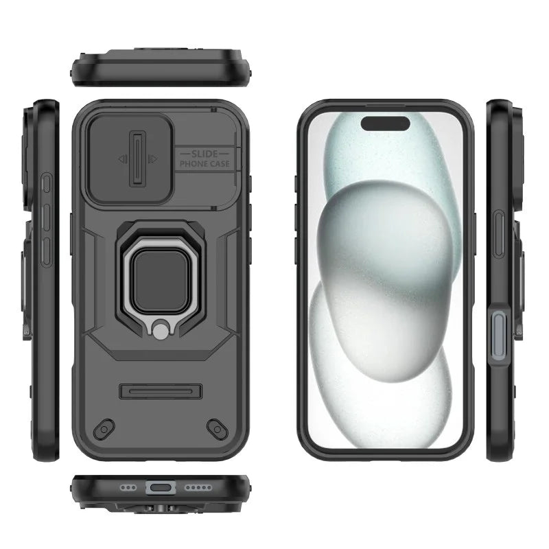 WANLONFENG For iPhone 17 Case  ZDX Series PC TPU Kickstand Phone Back Case with Lens Cover + Tempered Glass - Black - 4