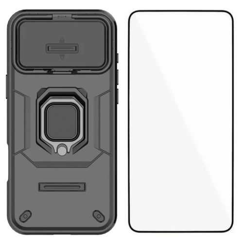 WANLONFENG For iPhone 17 Pro Max Case  ZDX Series PC TPU Kickstand Phone Back Case with Lens Cover + Tempered Glass - Black - 1