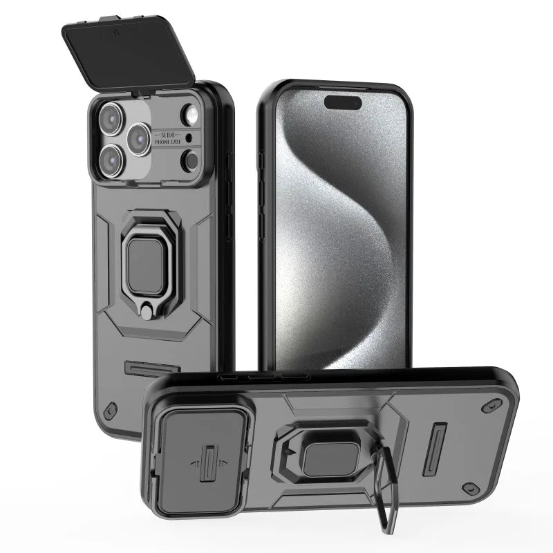 WANLONFENG For iPhone 17 Pro Max Case  ZDX Series PC TPU Kickstand Phone Back Case with Lens Cover + Tempered Glass - Black - 2