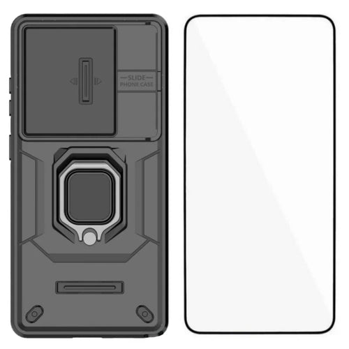 WANLONFENG For Samsung Galaxy S26 Ultra Case  ZDX Series PC TPU Kickstand Phone Back Case with Lens Cover + Tempered Glass - Black - 1
