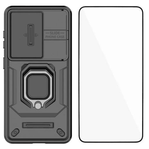 WANLONFENG For Samsung Galaxy S26+ Case  ZDX Series PC TPU Kickstand Phone Back Case with Lens Cover + Tempered Glass - Black - 1