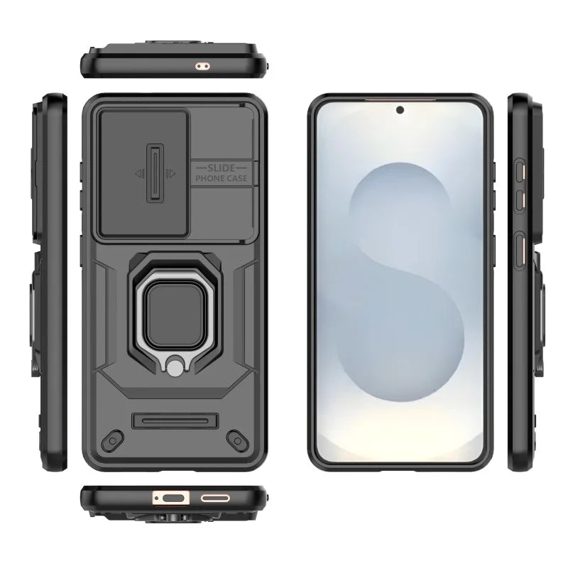 WANLONFENG For Samsung Galaxy S26+ Case  ZDX Series PC TPU Kickstand Phone Back Case with Lens Cover + Tempered Glass - Black - 3