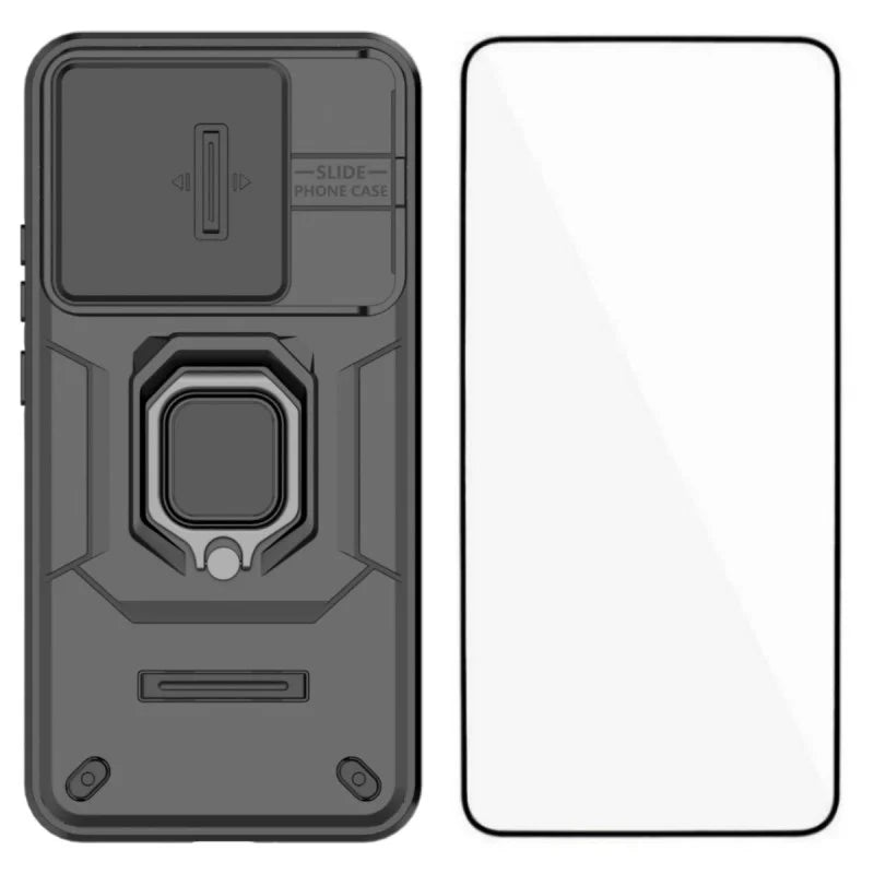 WANLONFENG For Xiaomi 15T Case  ZDX Series PC TPU Kickstand Phone Back Case with Lens Cover + Tempered Glass - Black - 1