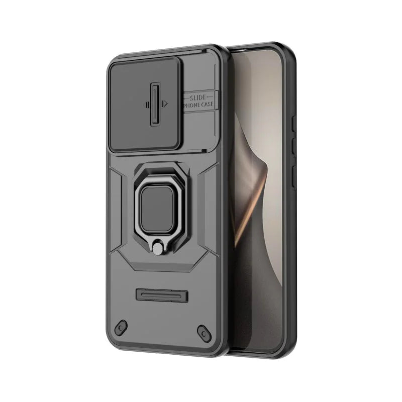 WANLONFENG For Xiaomi 15T Case  ZDX Series PC TPU Kickstand Phone Back Case with Lens Cover + Tempered Glass - Black - 3