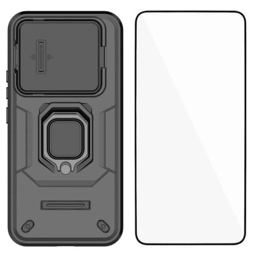 WANLONFENG For Xiaomi 15T Pro Case  ZDX Series PC TPU Kickstand Phone Back Case with Lens Cover + Tempered Glass - Black - 1