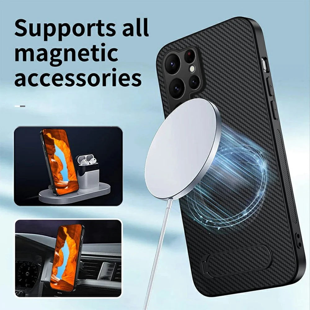 WANLONFENG QT Series For Samsung Galaxy S26 Ultra Magnetic Case Kickstand Carbon Fiber Texture PC TPU Phone Cover - Black - 3