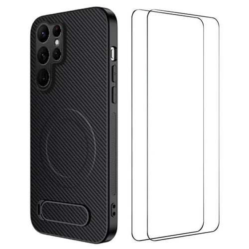 WANLONFENG QT1 Series For Samsung Galaxy S26 Ultra Magnetic Case Kickstand Carbon Fiber Texture PC TPU Phone Cover with 2Pcs Tempered Glass Films - Black - 1