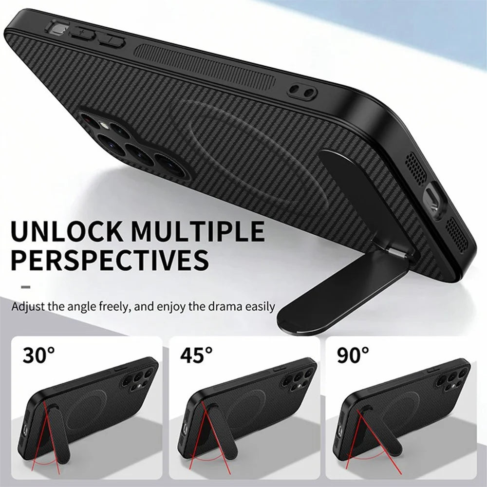 WANLONFENG QT1 Series For Samsung Galaxy S26 Ultra Magnetic Case Kickstand Carbon Fiber Texture PC TPU Phone Cover with 2Pcs Tempered Glass Films - Black - 4