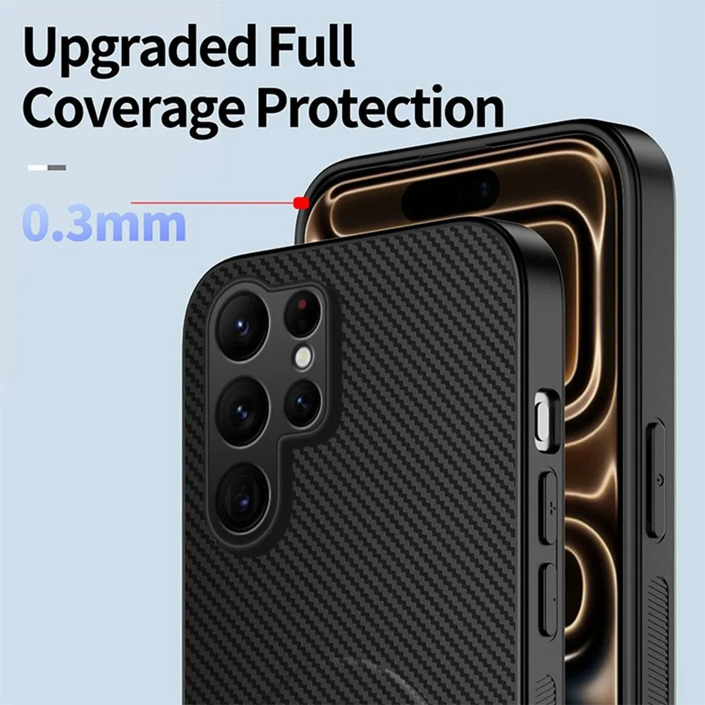 WANLONFENG QT1 Series For Samsung Galaxy S26 Ultra Magnetic Case Kickstand Carbon Fiber Texture PC TPU Phone Cover with 2Pcs Tempered Glass Films - Black - 5