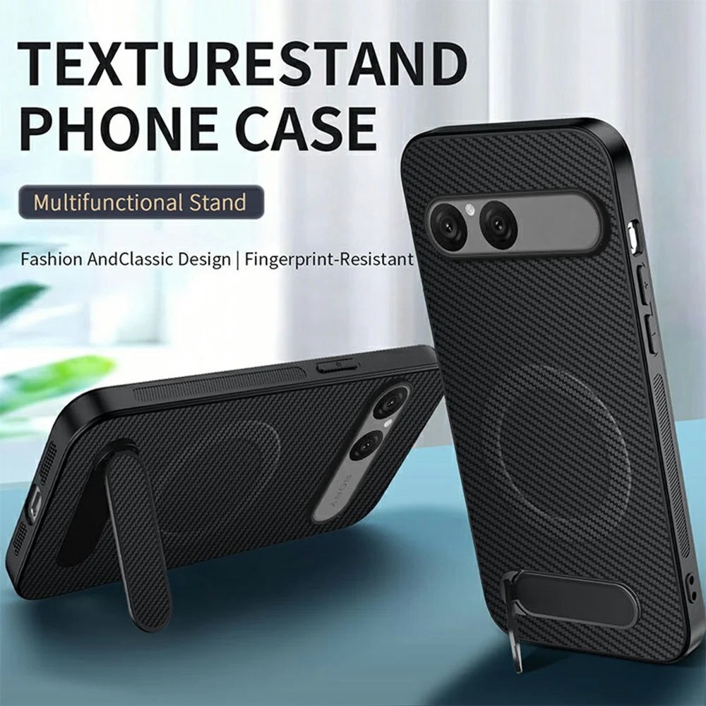 WANLONFENG QT Series For Sony Xperia 10 VII Magnetic Case Kickstand Carbon Fiber Texture PC TPU Phone Cover Large Cutouts - Black - 2