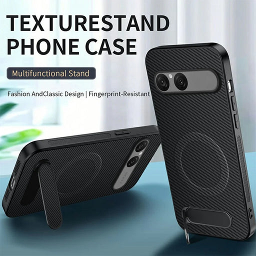 WANLONFENG QT1 Series For Sony Xperia 10 VII Magnetic Case Kickstand Carbon Fiber Texture PC TPU Phone Cover Large Cutouts with 2Pcs Tempered Glass Films - Black - 2