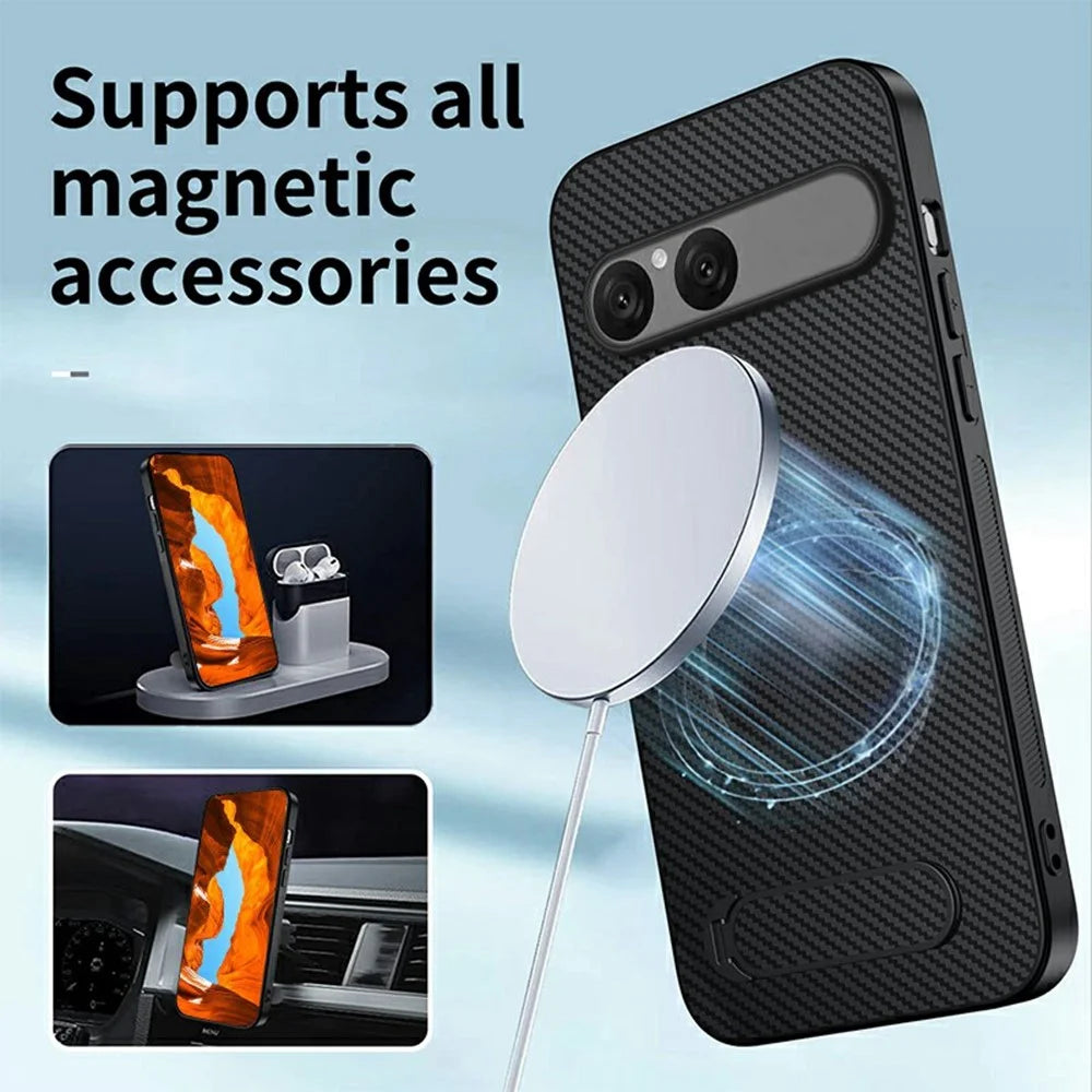 WANLONFENG QT1 Series For Sony Xperia 10 VII Magnetic Case Kickstand Carbon Fiber Texture PC TPU Phone Cover Large Cutouts with 2Pcs Tempered Glass Films - Black - 3