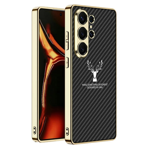 GKK For Samsung Galaxy S26 Ultra Case Deer Pattern Electroplated Frame Leather TPU PC Phone Cover - Carbon Fiber Texture - 1