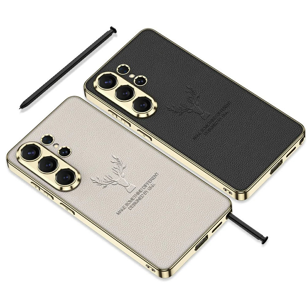 GKK For Samsung Galaxy S26 Ultra Case Deer Pattern Electroplated Frame Leather TPU PC Phone Cover - Carbon Fiber Texture - 3