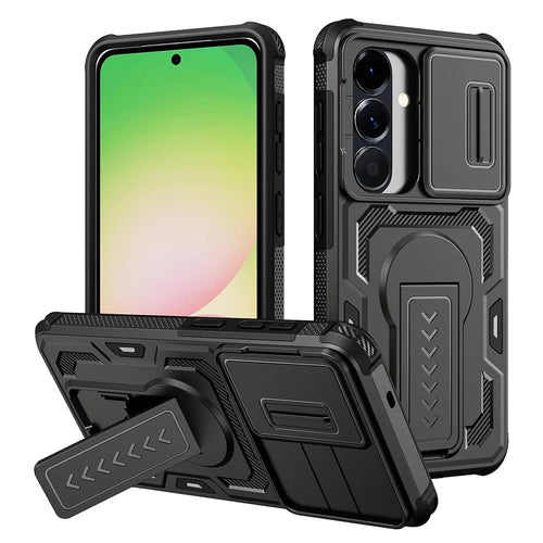 For Samsung Galaxy S26 Case Slide Lens Shield PC + TPU Kickstand Phone Cover - Black - 1