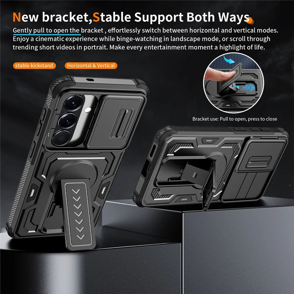 For Samsung Galaxy S26 Case Slide Lens Shield PC + TPU Kickstand Phone Cover - Black - 5