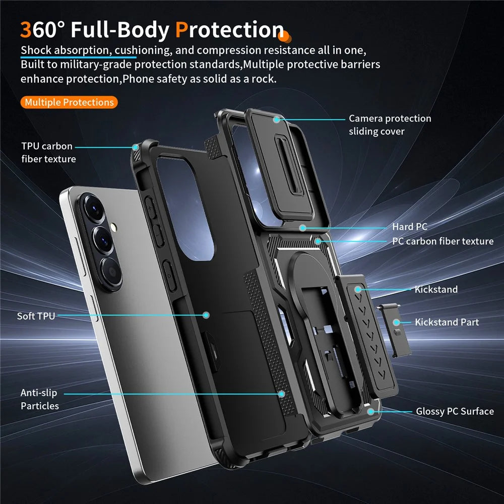 For Samsung Galaxy S26 Case Slide Lens Shield PC + TPU Kickstand Phone Cover - Black - 7
