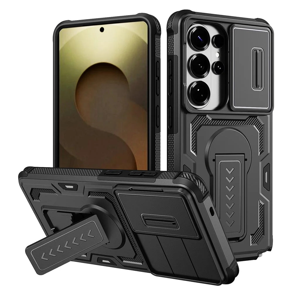 For Samsung Galaxy S26 Ultra Case Slide Lens Shield PC + TPU Kickstand Phone Cover - Black - 1