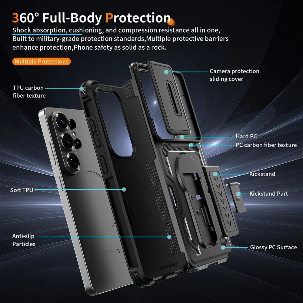 For Samsung Galaxy S26 Ultra Case Slide Lens Shield PC + TPU Kickstand Phone Cover - Black - 7