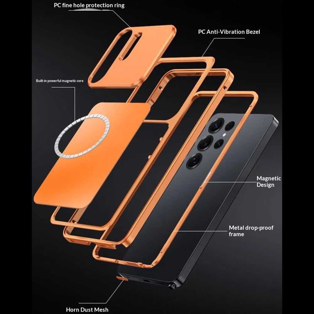 For Samsung Galaxy S23 Ultra Magnetic Case Metal Frame PC Back Phone Cover with Pop-Up Buckle - Orange - 7