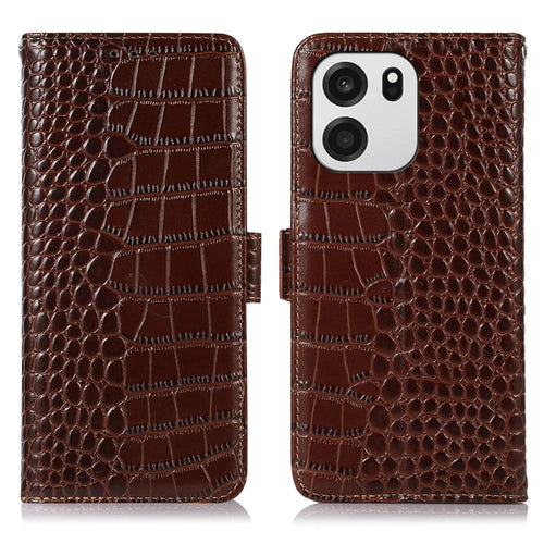 For OnePlus Nord CE6 5G / Nord 6 5G / Turbo 6V 5G / Turbo 6 5G Case RFID Blocking Wallet Crocodile Texture Genuine Cow Leather Phone Cover - Brown - 1