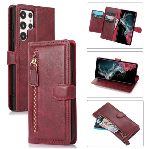 For Samsung Galaxy S23 Ultra PU Leather Wallet Case Zipper Pocket Stand Magnetic Flip Phone Cover - Red - 1