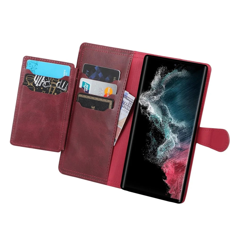 For Samsung Galaxy S23 Ultra PU Leather Wallet Case Zipper Pocket Stand Magnetic Flip Phone Cover - Red - 2