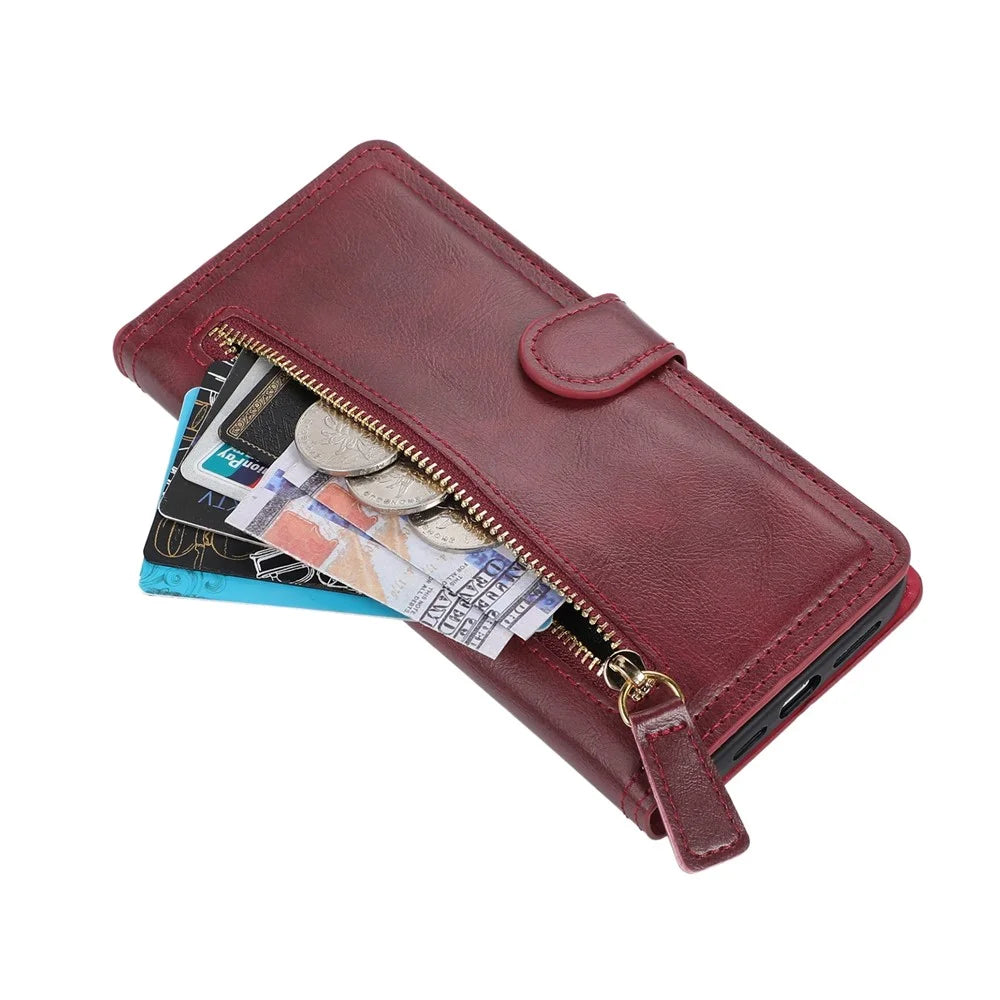 For Samsung Galaxy S23 Ultra PU Leather Wallet Case Zipper Pocket Stand Magnetic Flip Phone Cover - Red - 4