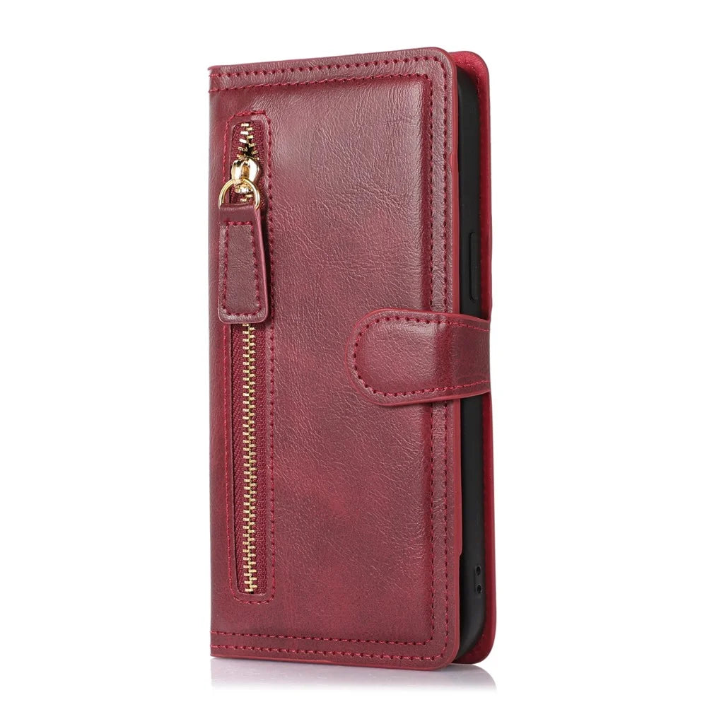For Samsung Galaxy S23 Ultra PU Leather Wallet Case Zipper Pocket Stand Magnetic Flip Phone Cover - Red - 6