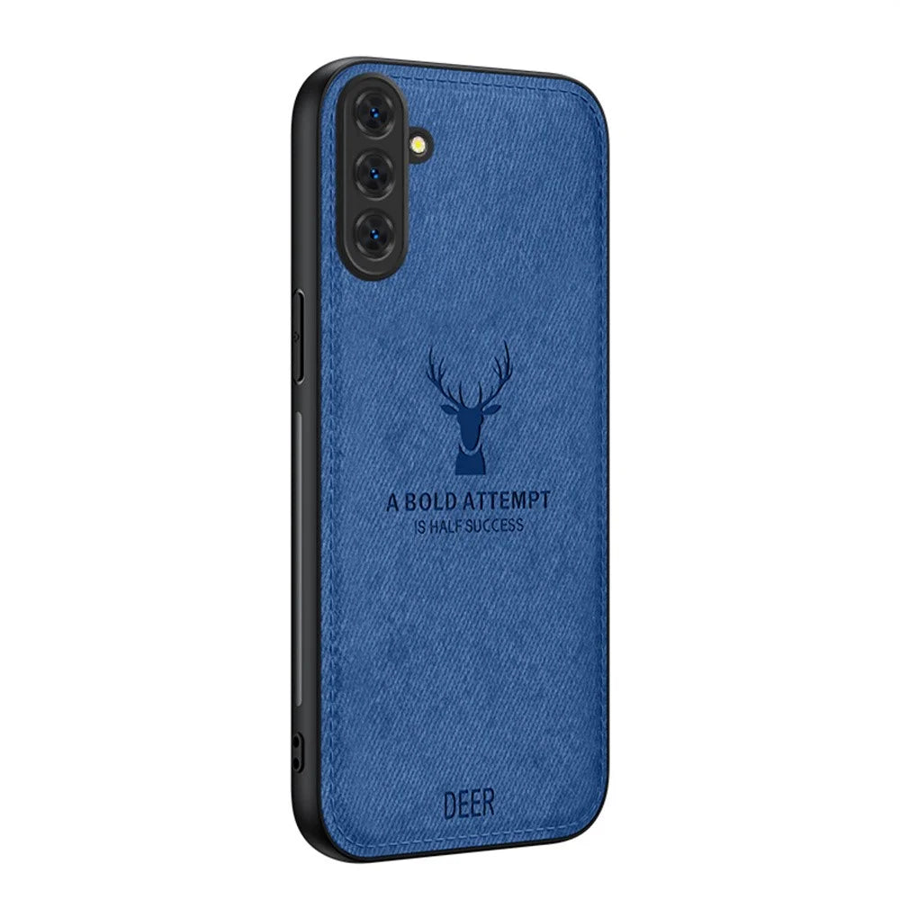 For Samsung Galaxy A37 5G Case Deer Pattern Cloth Texture PU + PC + TPU Phone Cover - Blue - 1