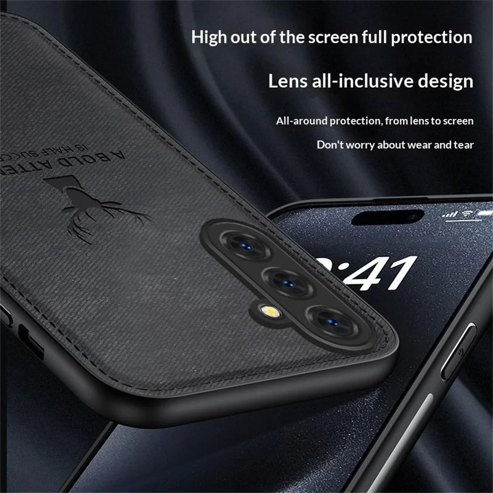 For Samsung Galaxy A37 5G Case Deer Pattern Cloth Texture PU + PC + TPU Phone Cover - Blue - 2