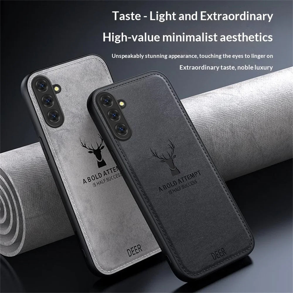 For Samsung Galaxy A37 5G Case Deer Pattern Cloth Texture PU + PC + TPU Phone Cover - Blue - 5