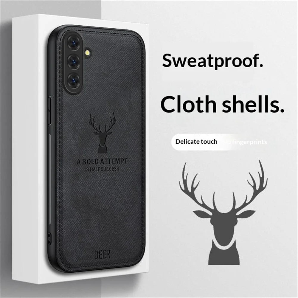 For Samsung Galaxy A37 5G Case Deer Pattern Cloth Texture PU + PC + TPU Phone Cover - Blue - 6