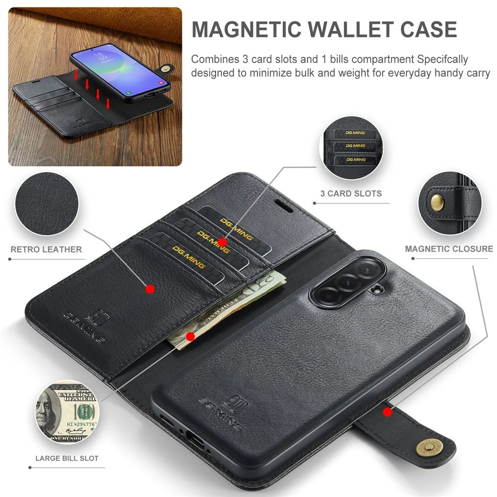 DG.MING for Samsung Galaxy A37 5G Leather Wallet Case Detachable 2 in 1 Split Leather Phone Cover - Black - 5
